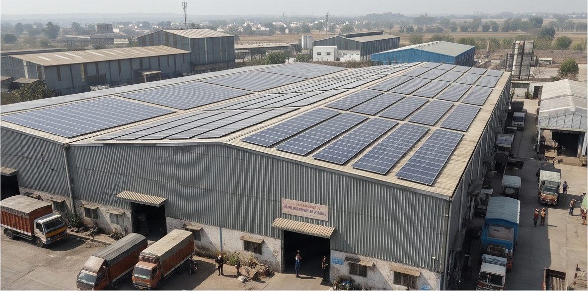 Solar panels across a large factory shed roof