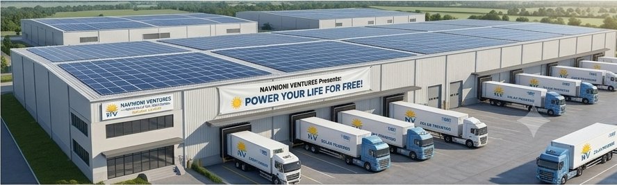 Logistics warehouse with rooftop solar and delivery trucks