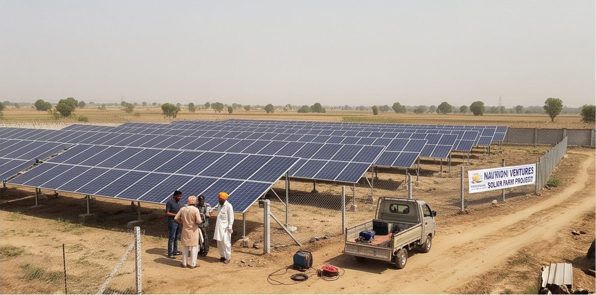 Ground-mounted solar farm on farmland with fencing